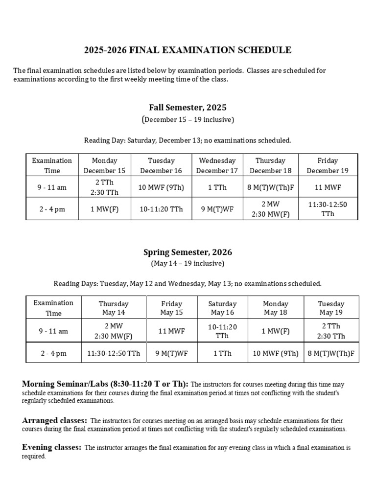 Final Exam Schedule For 202526 PDF