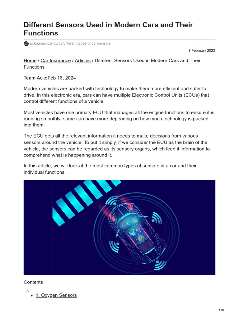 Different Sensors Used in Modern Cars and Their Functions | PDF