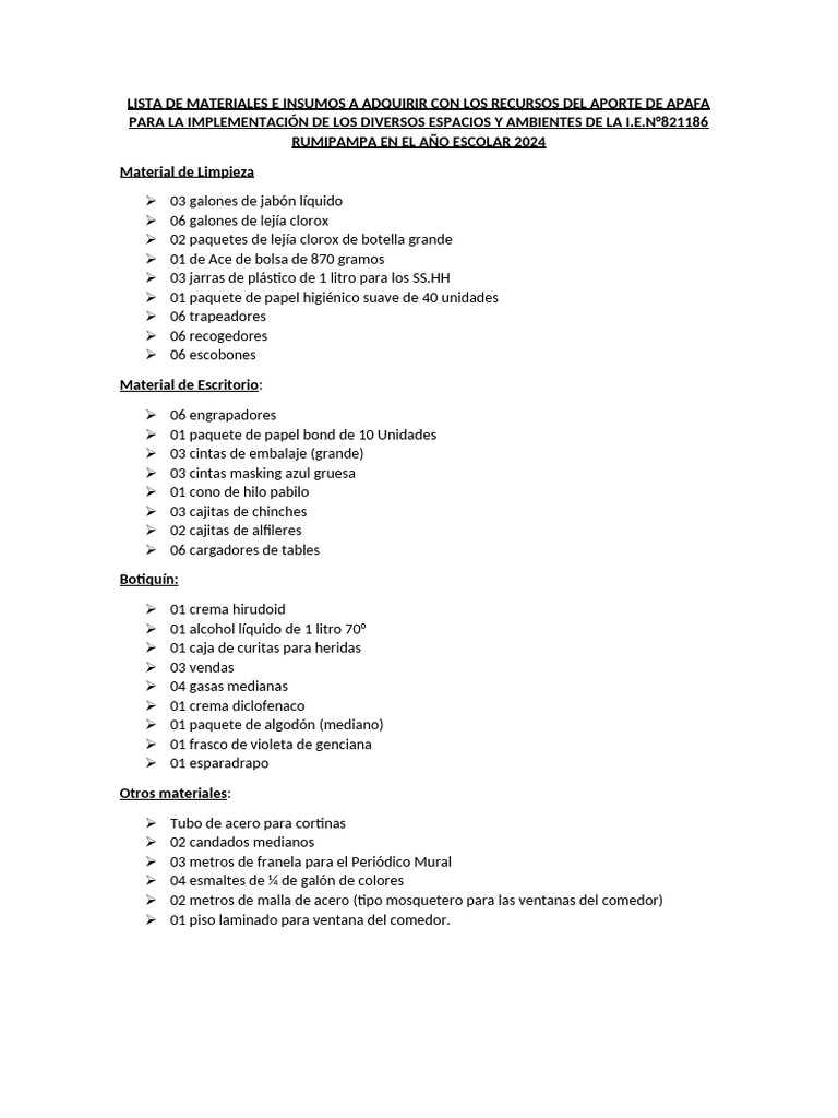 Lista de Materiales e Insumos para 2024 | PDF