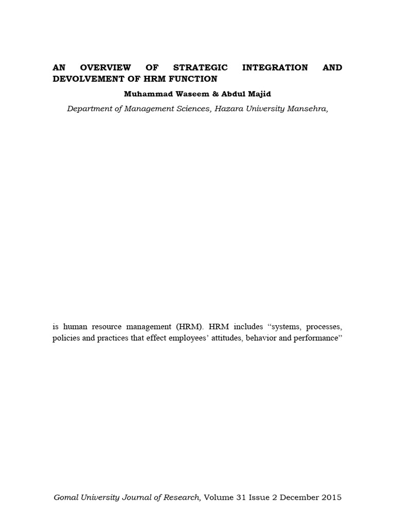 An Overview of Strategic Integration and Devolvement of HRM Function | PDF