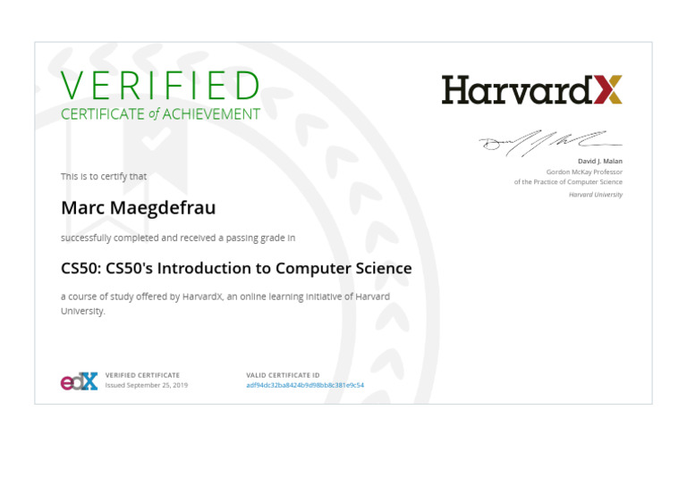 5f4e6bffd8ee7a68fe6a600a HarvardX Certificate CS50 | PDF