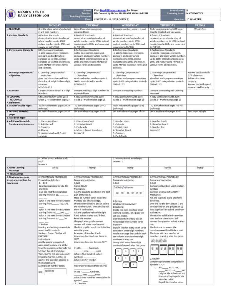 DLL - Mathematics 2 - Q1 - W3 | PDF