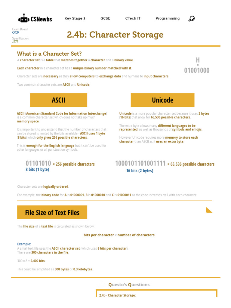 2.4b - Character Storage - OCR GCSE (J277 Spec) - CSNewbs | PDF