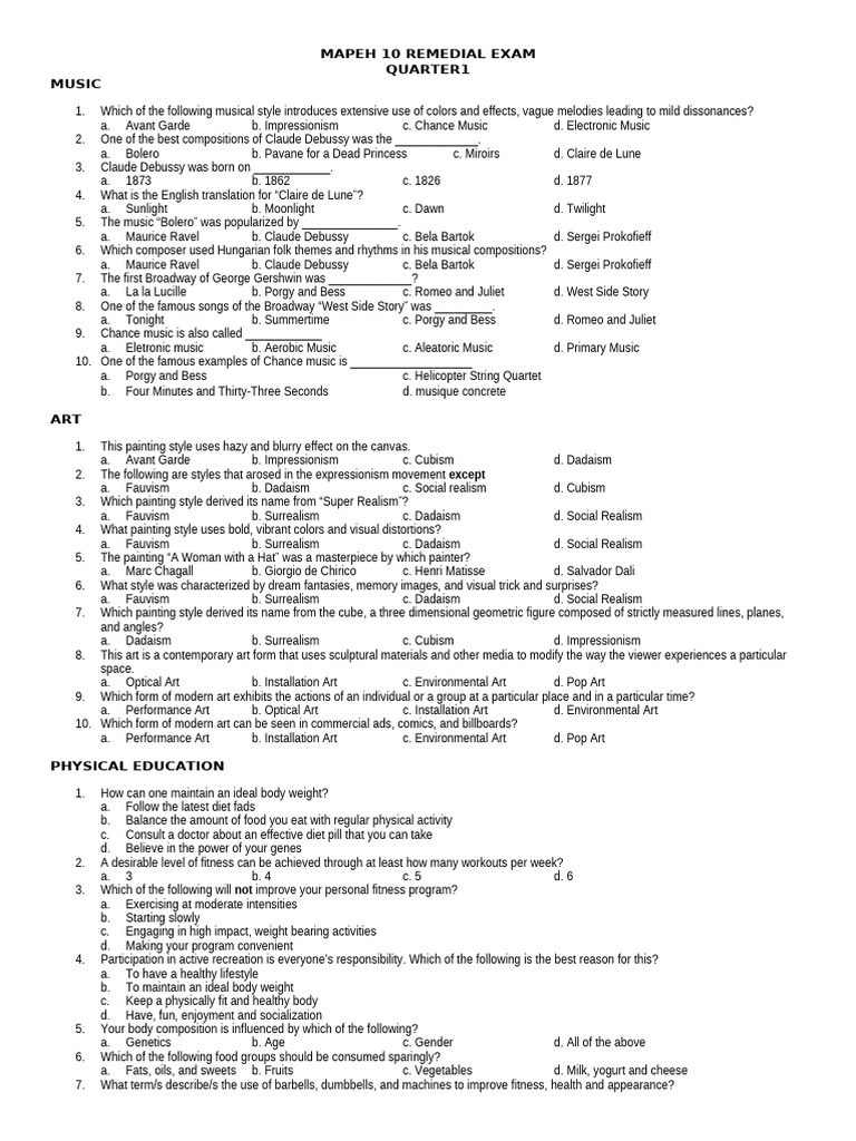 Mapeh 10 Remedial Exam | PDF