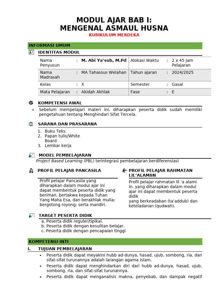 Kumer-Modul Ajar Akidah Akhlak | PDF