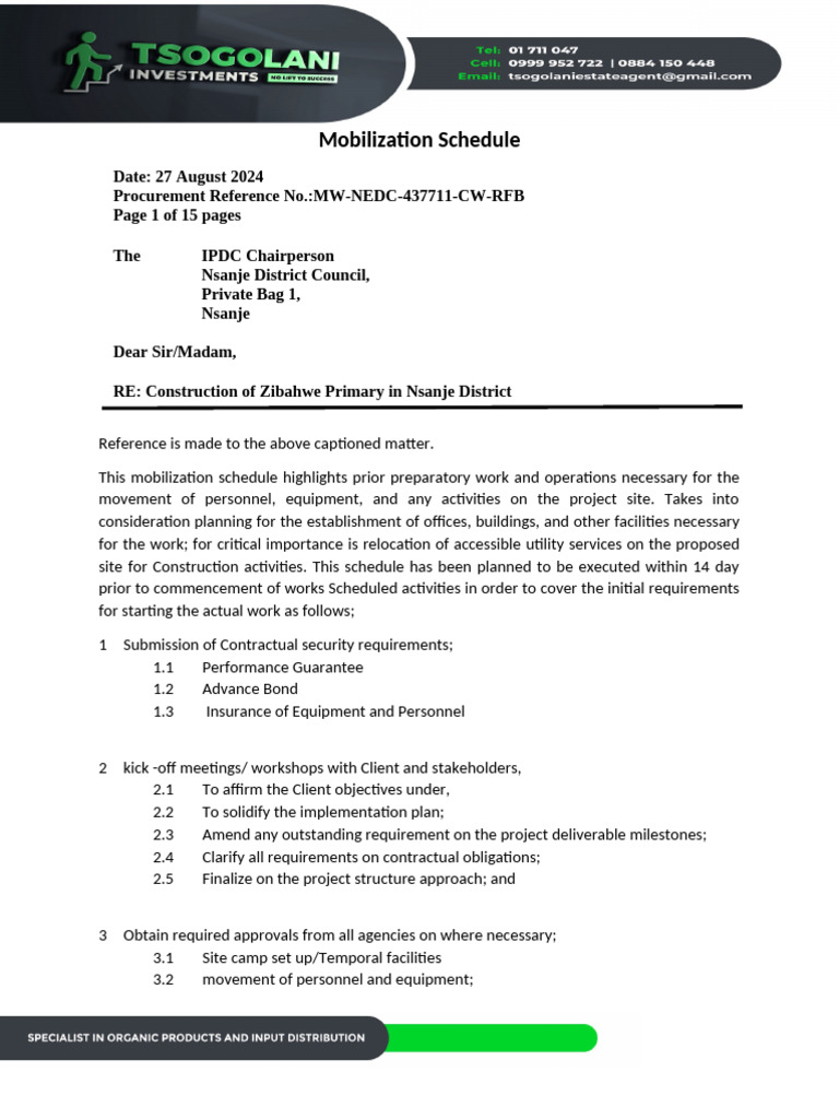 Mobilization Schedule | PDF