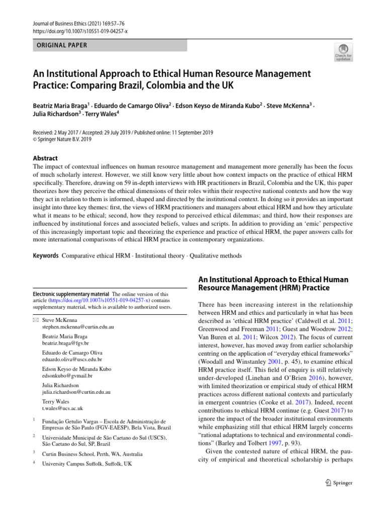 An Institutional Approach To Ethical Human Resource Management Pdf