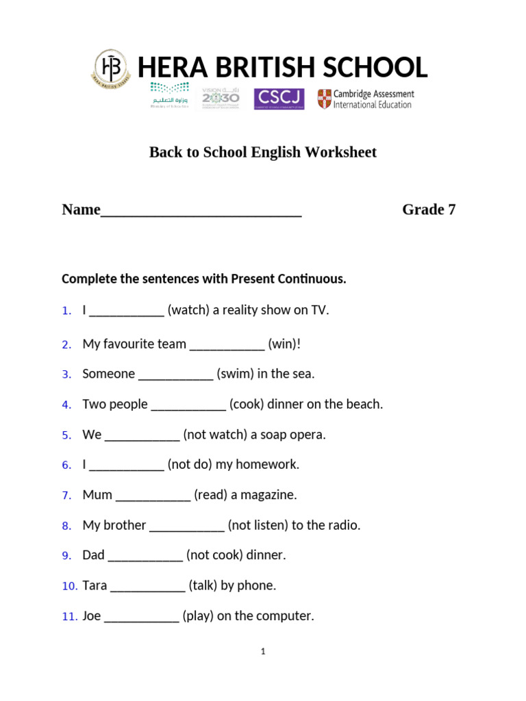 Back To School Worksheet 2 Grade 7 | PDF
