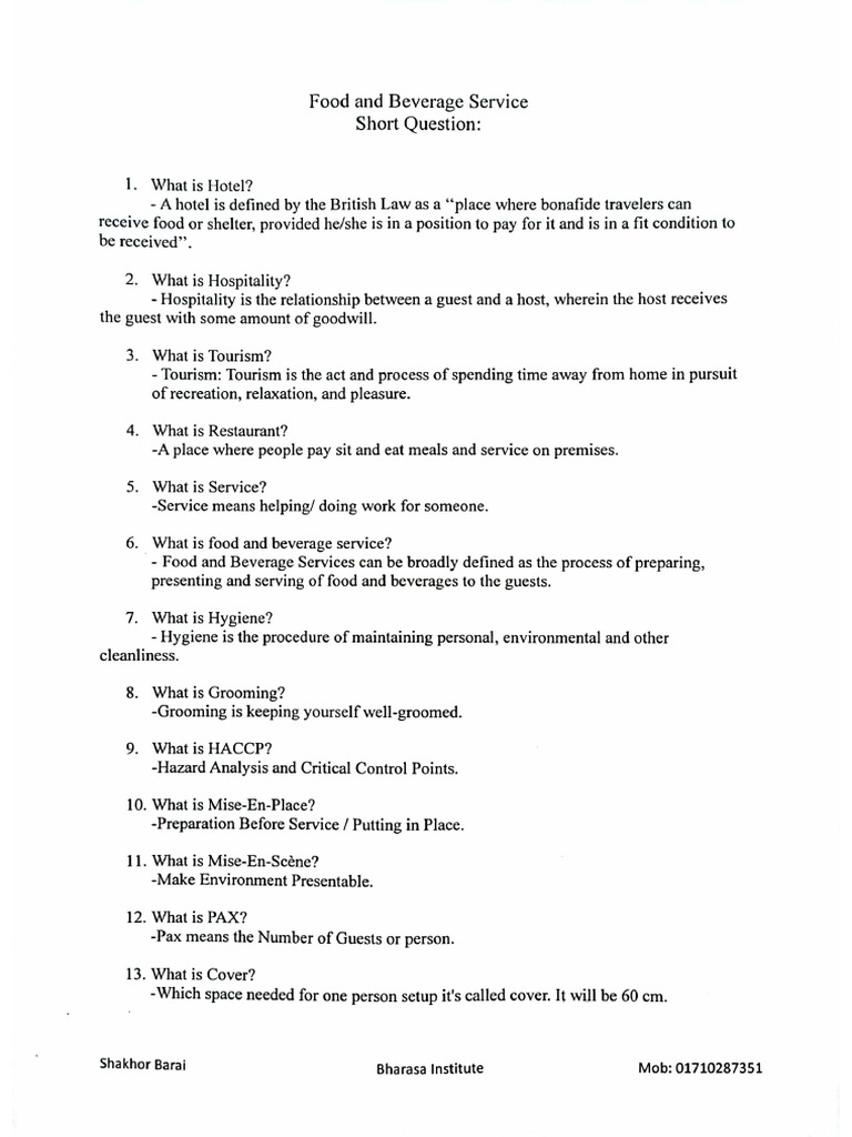 Short Question - F&B Service | PDF