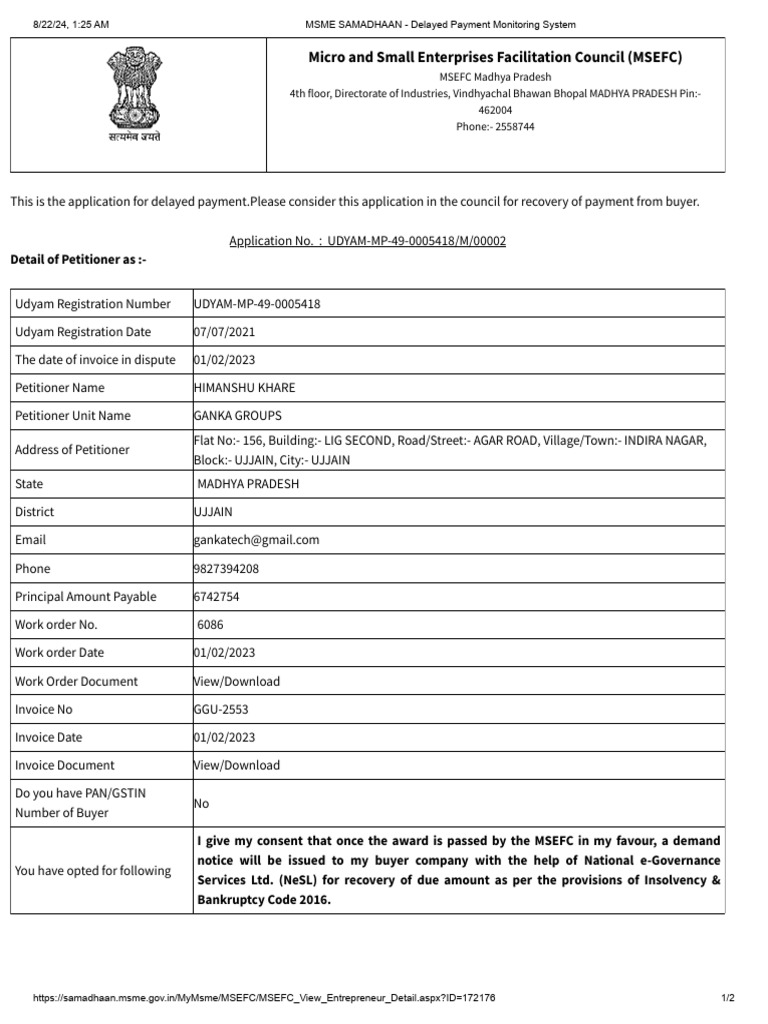 MSME SAMADHAAN - Delayed Payment Monitoring System | PDF