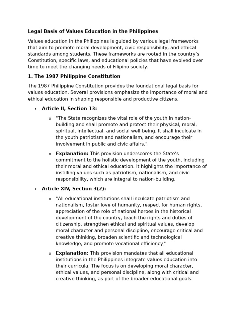 Legal Basis of Values Education in The Philippines | PDF | Curriculum ...