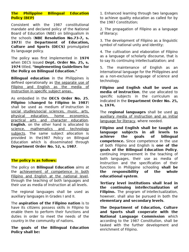 Philippine Bilingual Education Policy Overview | PDF | Multilingualism ...