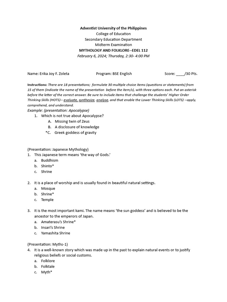 MF Midterm Exam - Zoleta, Erika Joy F | PDF | Deities | Philosophy
