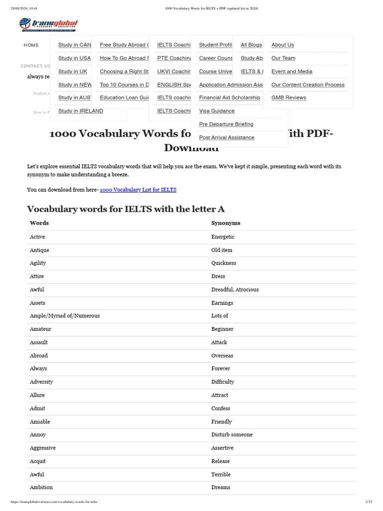 1000 Vocabulary Words For IELTS + PDF (Updated List in 2024) | PDF