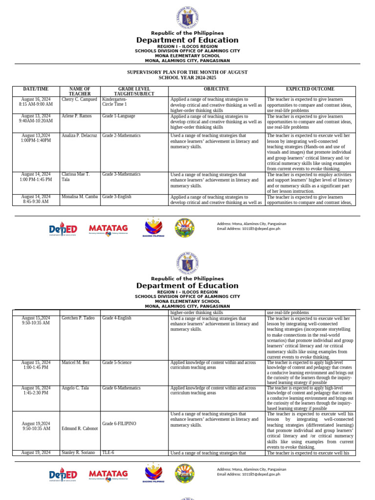 August 2024 Supervisory Plan | PDF | Teachers | Literacy