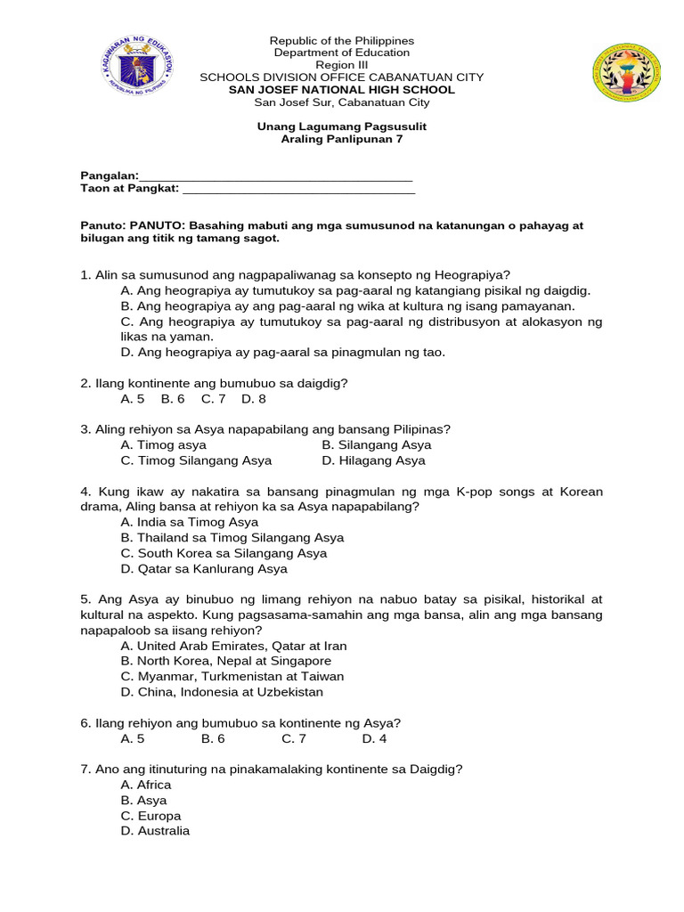 First Periodical Test 2023-2024 Ap 7 | PDF