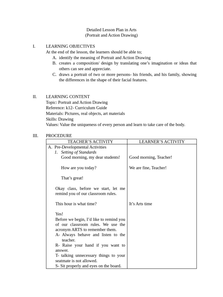 Detailed Lesson Plan in Arts 4 (LYN) | PDF | Drawing | Lesson Plan