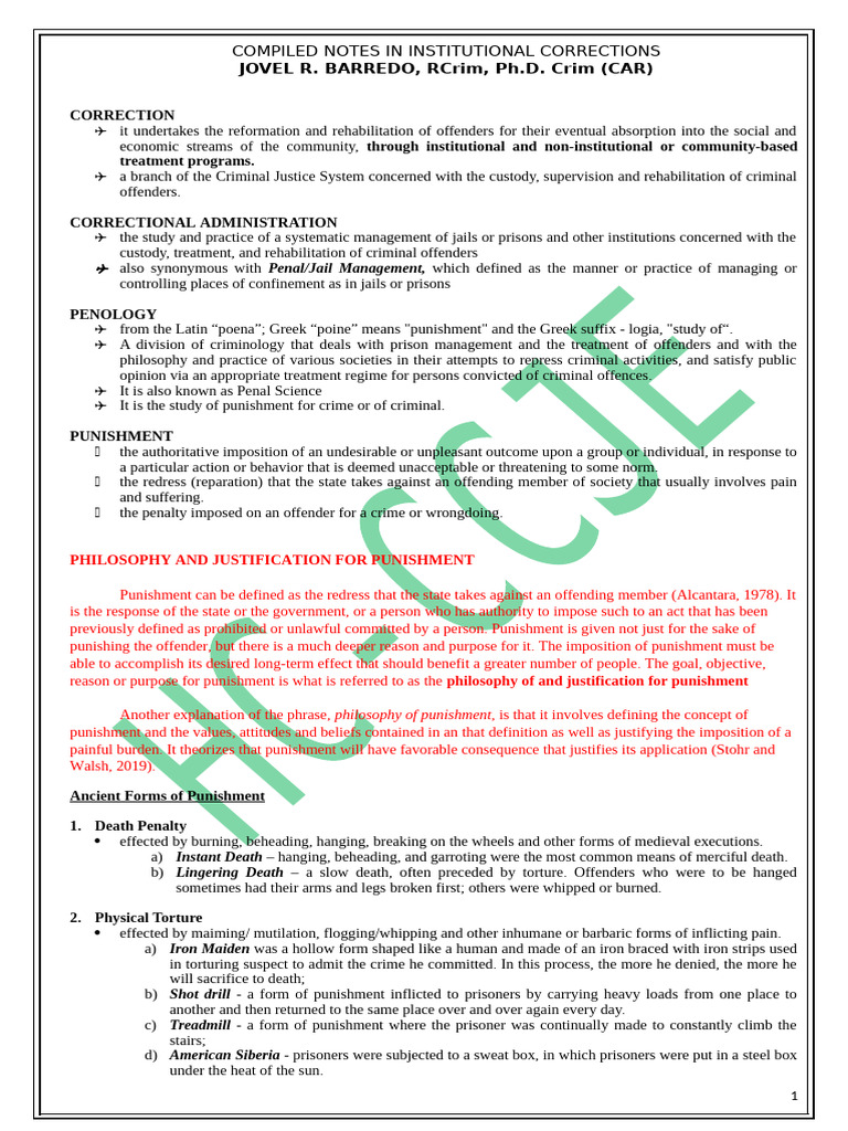 Compiled Notes in Institutional Corrections | PDF | Punishments | Prison