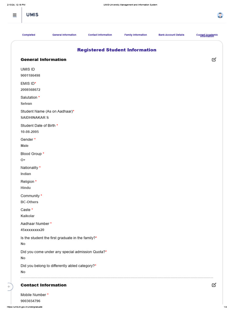 Student Registration Details for UMIS | PDF