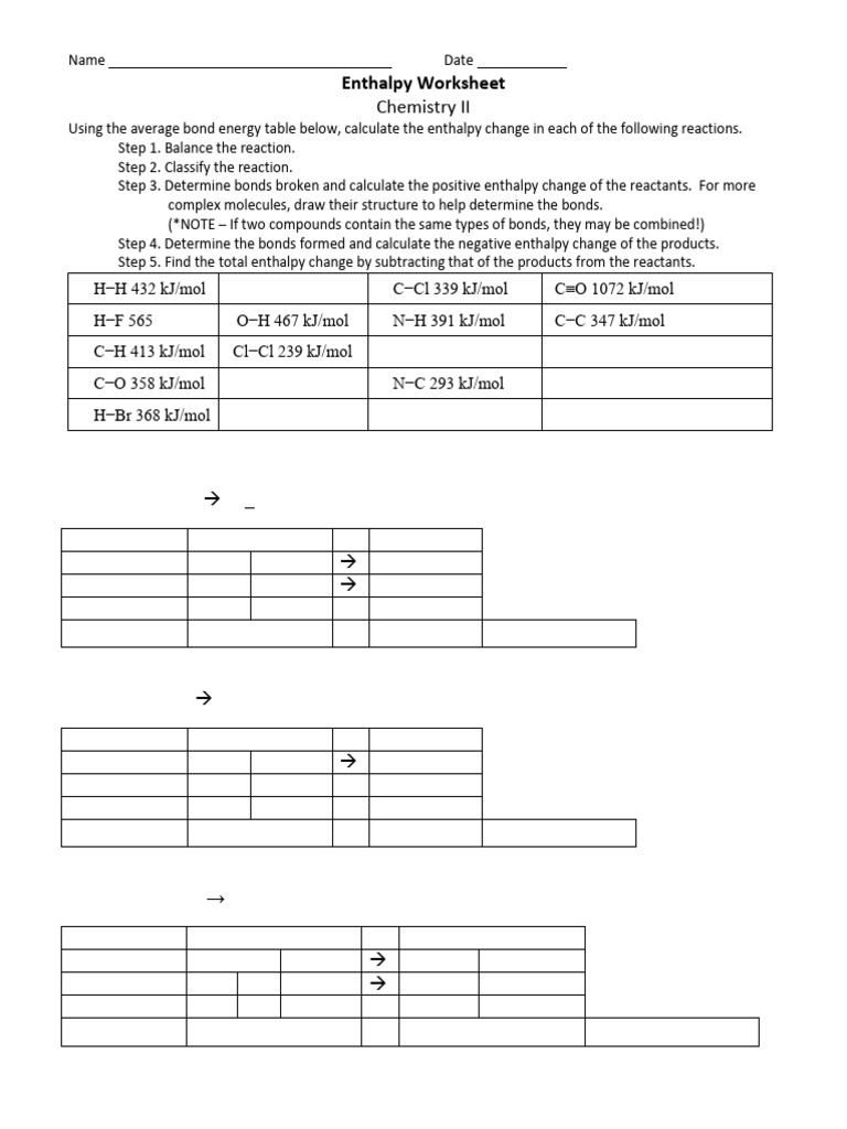 Make Break Bond Enthalpy Worksheet PDF