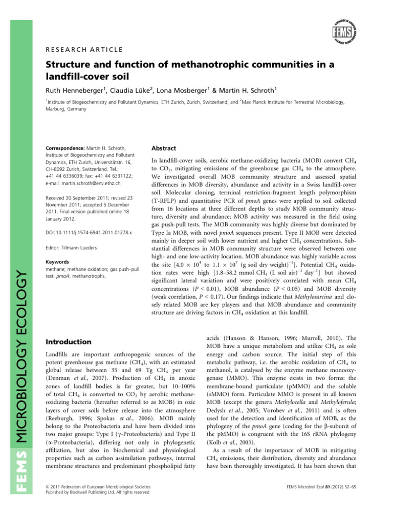 Structure and Function of Methanotrophic Communities in A | PDF