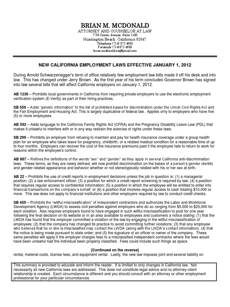 New California Employment Laws 2012 | PDF | Employment | Government ...