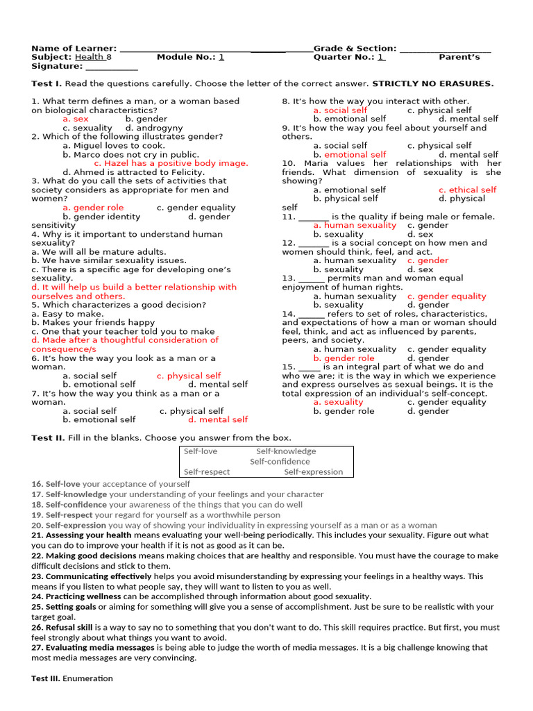 Las 1 Health 8 - Answer Key | PDF