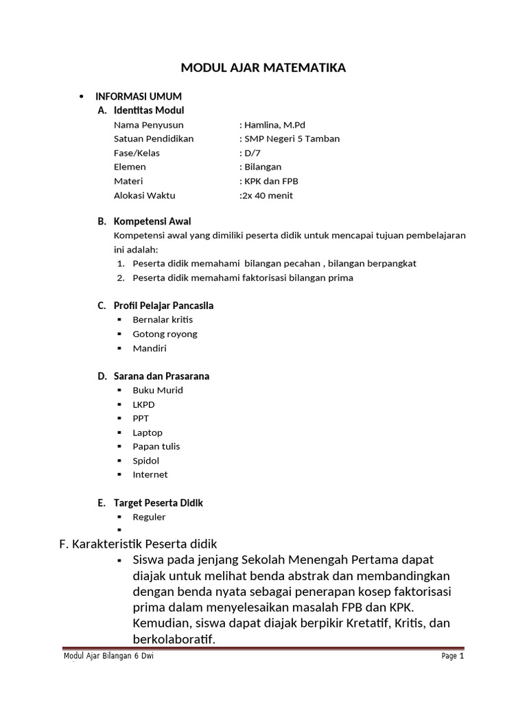 Modul Ajar Matematika Menentukan Kpk Dan Fpb Fase D Pdf