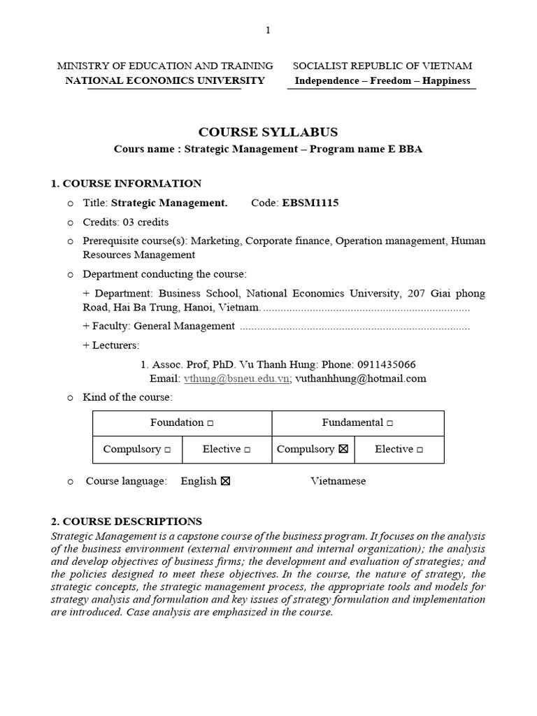 Strategic Management Course Syllabus | PDF | Strategic Management ...