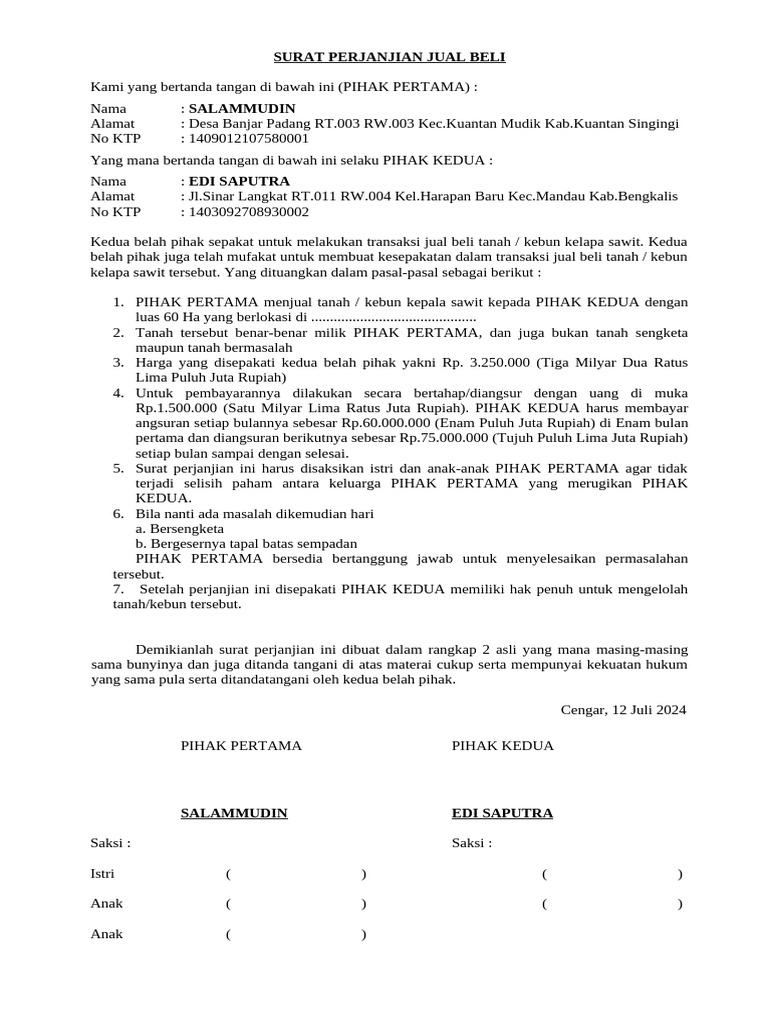Surat Perjanjian Jual Beli | PDF