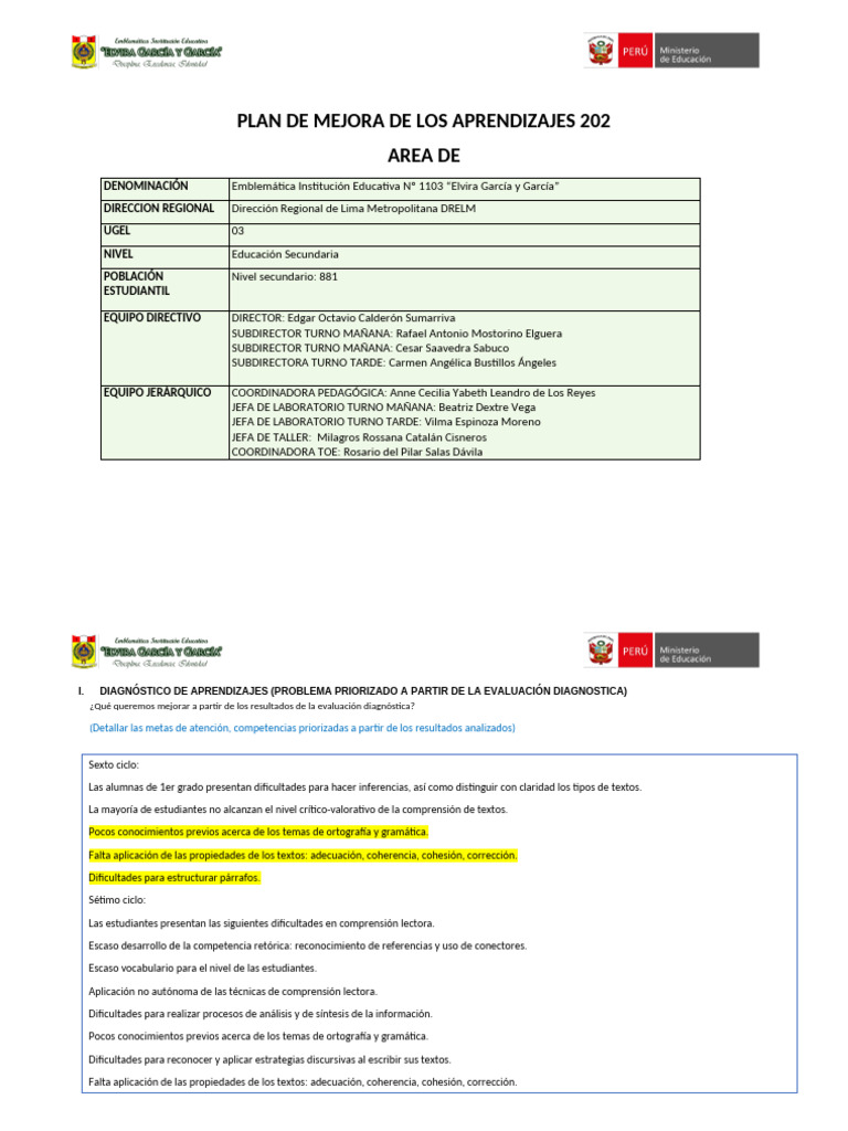 Plan de Mejora de Los Aprendizajes 2024 Personal | PDF