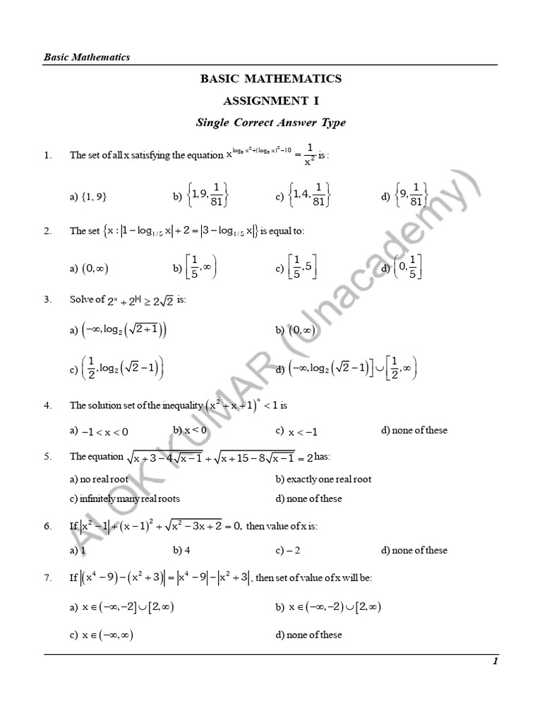 BASIC MATHS ASSIGNMENTS (PROBLEMS) | PDF