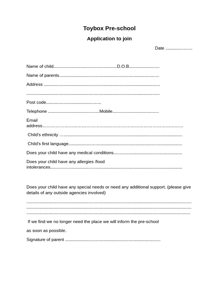 Toybox Application Form | PDF