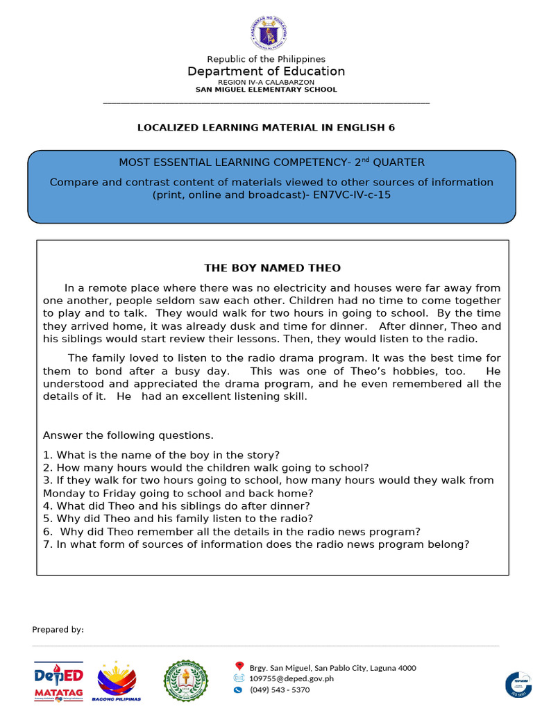 Localized Story in English 6 LAC SESSION | PDF