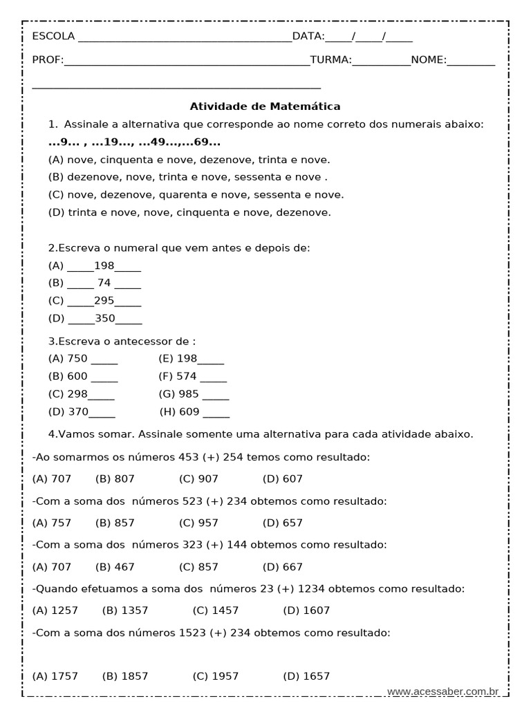 Atividade de Matemática As Quatro Operaçoes 4º Ano | PDF