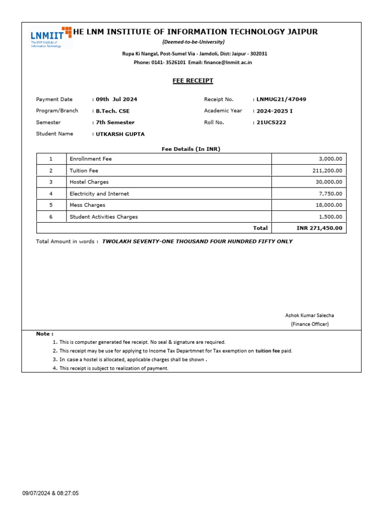 Fee Receipt 4th Year I | PDF