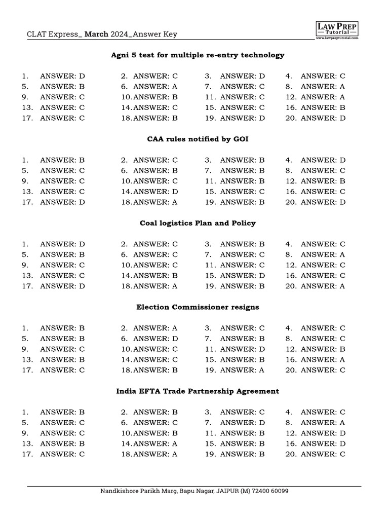 CLAT Express March 2024 Question FINAL Answer KEy-1712384033 | PDF