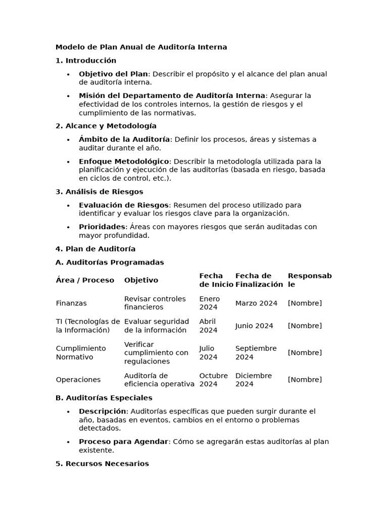 Modelo de Plan Anual de Auditoría Interna - Conteido | PDF
