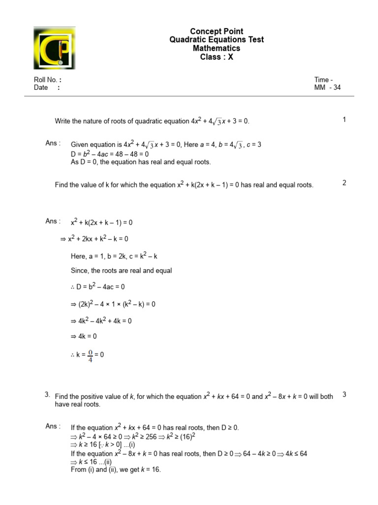 Quadratic Equation Test Answers | PDF