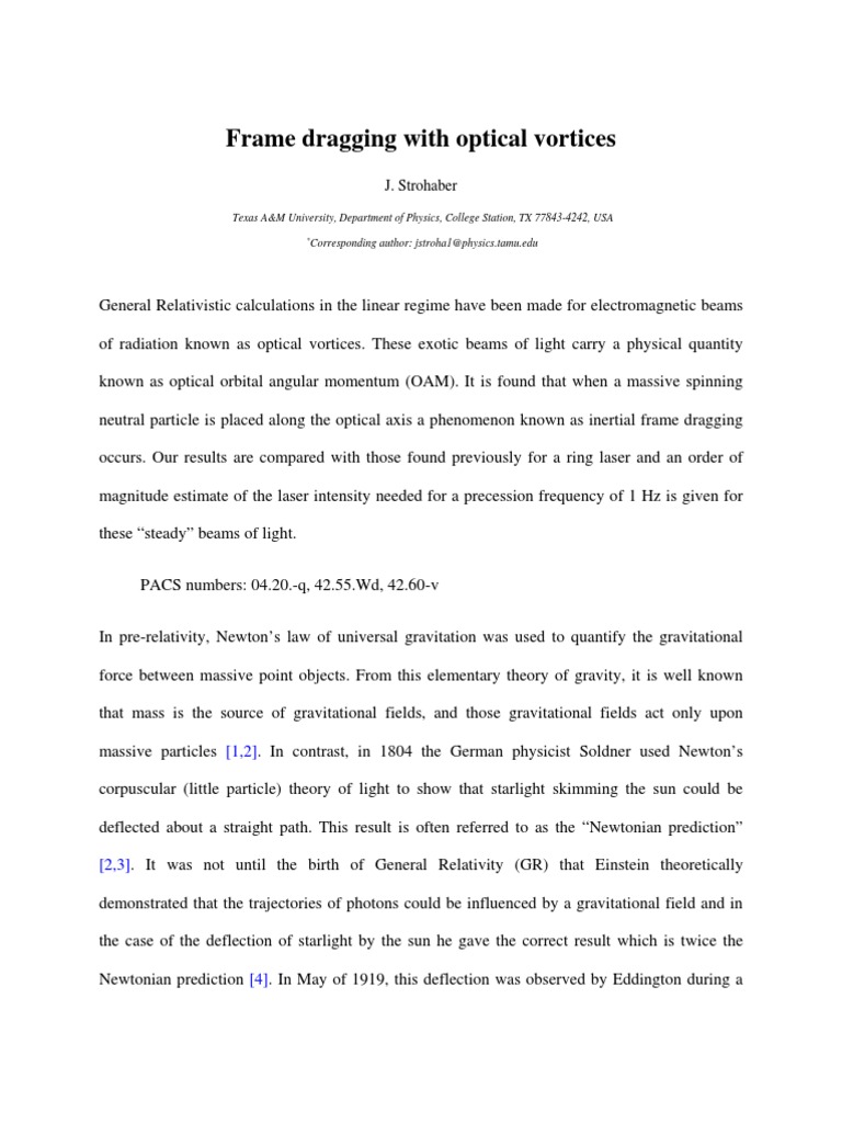 Frame Dragging With Optical Vortices PDF Gravity General Relativity