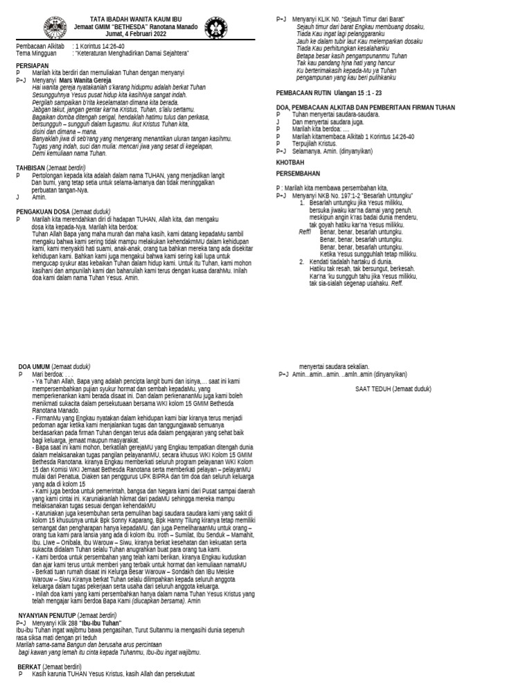Tata Ibadah Wanita Kaum Ibu 4 Februari 2022 Pdf