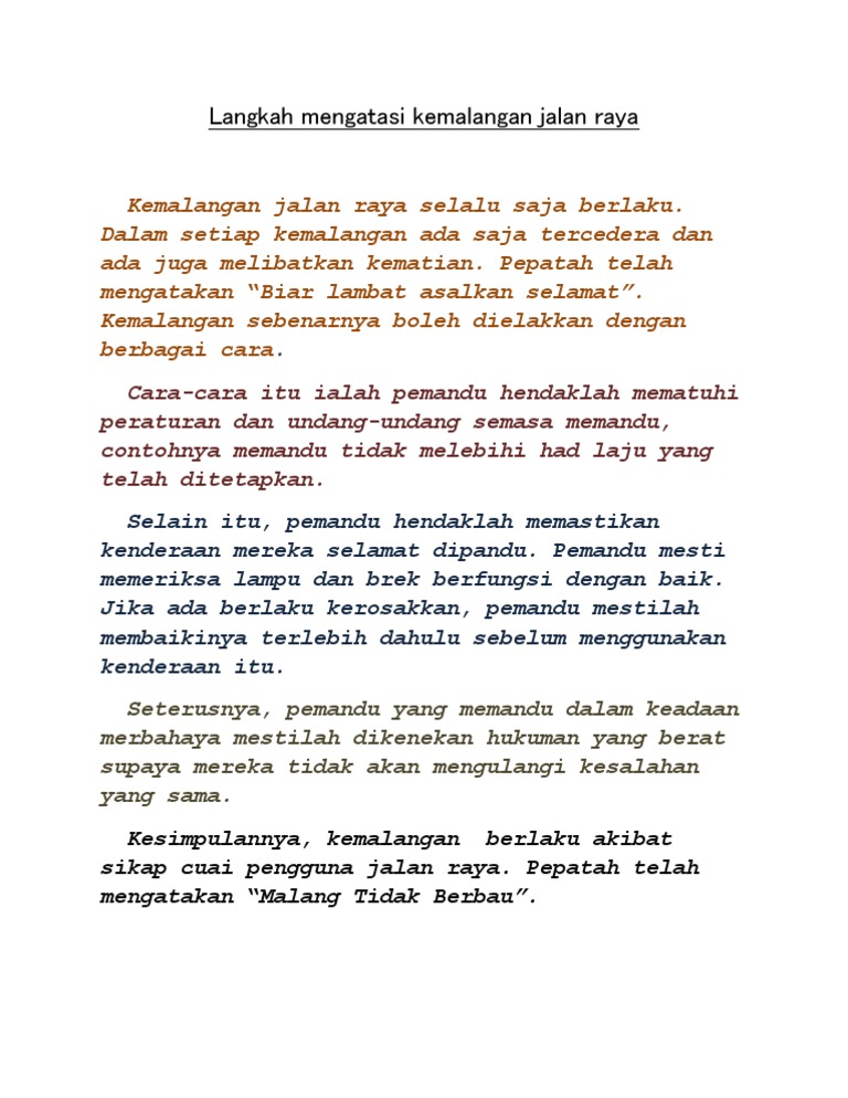 Cara Cara Mengatasi Kemalangan Jalan Raya Karangan Upsr Nota Rumusan Karangan Spm Pdf Document Langkah Langkah Mengurangkan Kemalangan Jalan Raya Syarahan Tentang Langkah Langkah Mengurangkan Kemalangan Jalan Raya Yang Berusaha