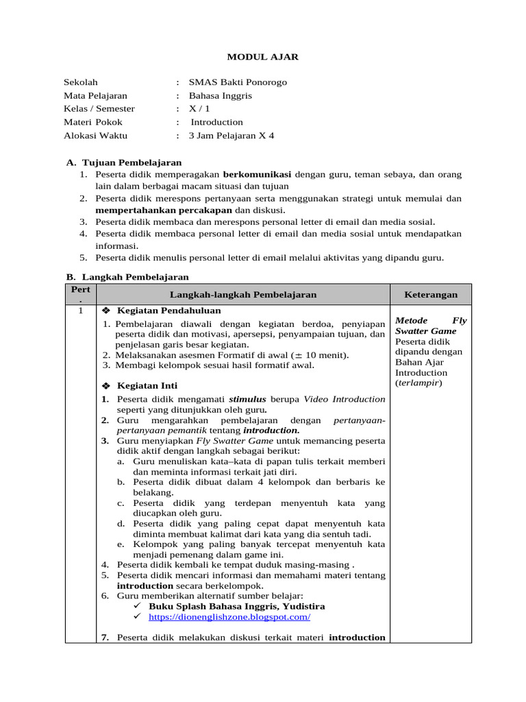 Modul Ajar Bahasa Inggris Kelas X | PDF | Meal | Career & Growth