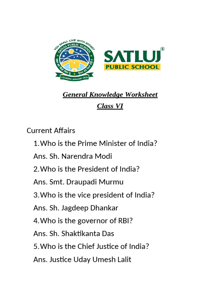General Knowledge Worksheet PDF Travel