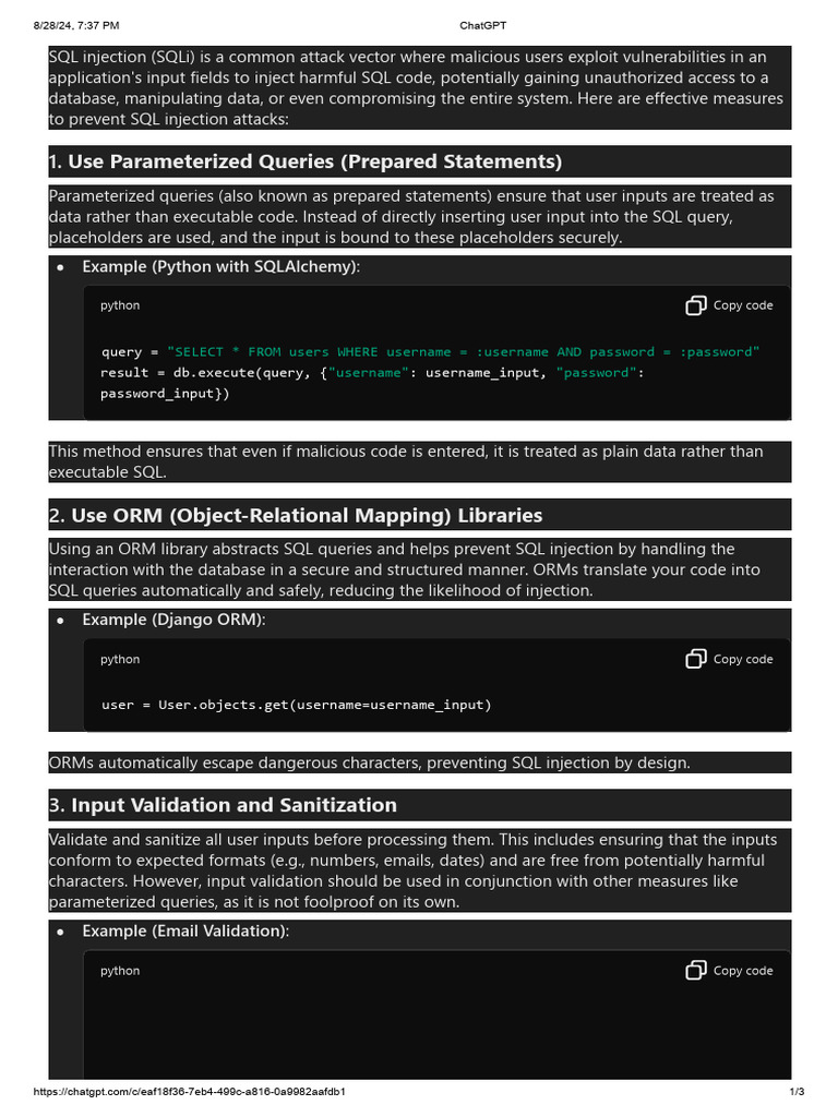 Use Parameterized Queries (Prepared Statements) : Example (Python With ...