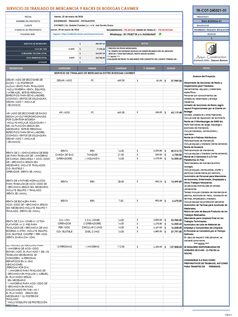 Servicio de Traslado y Montaje CAVIMEX | PDF | Presupuesto