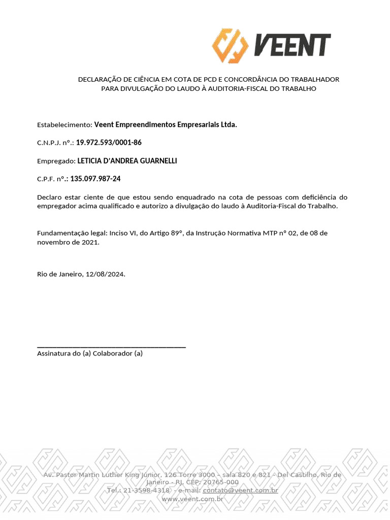 Declaração Inclusão de PCD | PDF