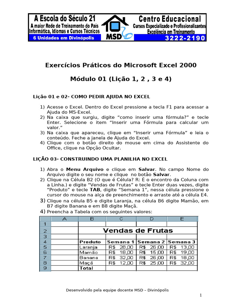 Exercícios Práticos no Excel 2000 | PDF | Microsoft Excel | Carreira e ...