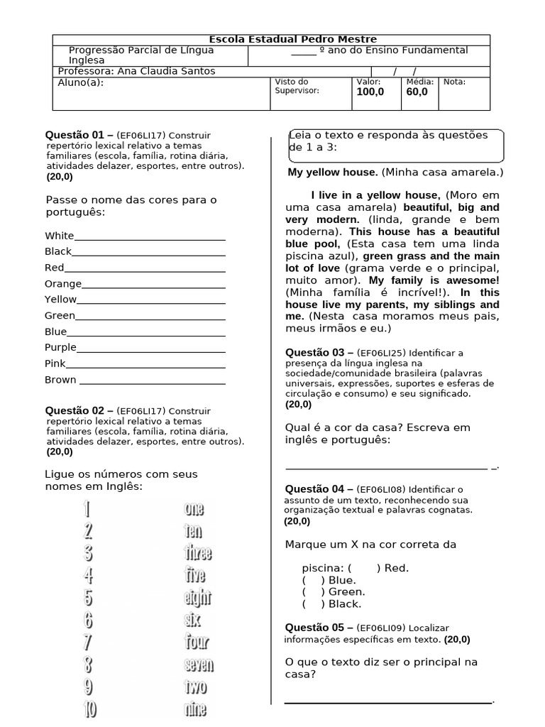 Progressão Parcial de Língua Inglesa - º Ano Do Ensino Fundamental ...