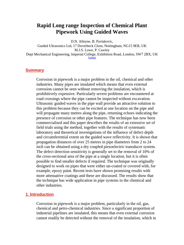 Rapid Long Range Inspection of Chemical Plant Pipework Using Guided ...